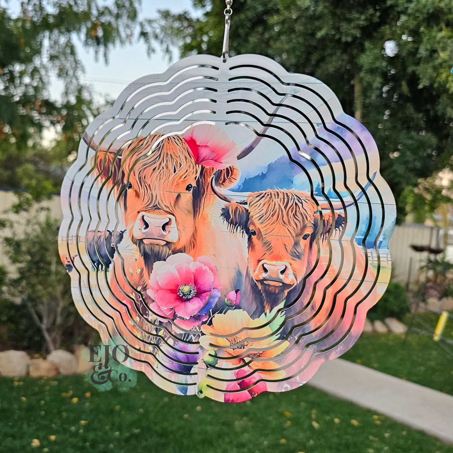 Floral Highland Cows Wind Spinner