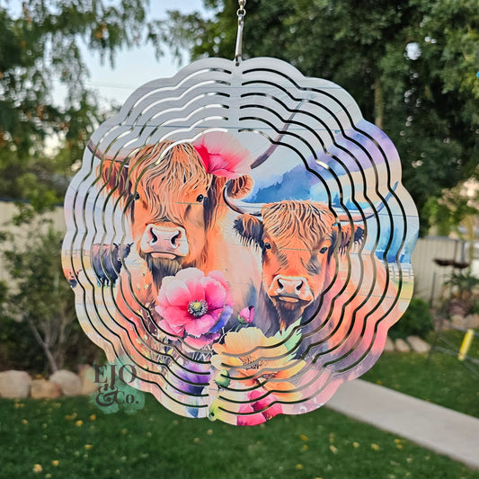 Floral Highland Cows Wind Spinner